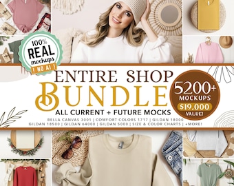 PACOTE COMPLETO DE LOJA | Pacote Completo de Mockups de Loja, Mockups de Modelos em Estilo Boho, Bella Canvas 3001, Pacote Gildan, Fotos de Modelos de Mockups Reais para Impressão Sob Demanda
