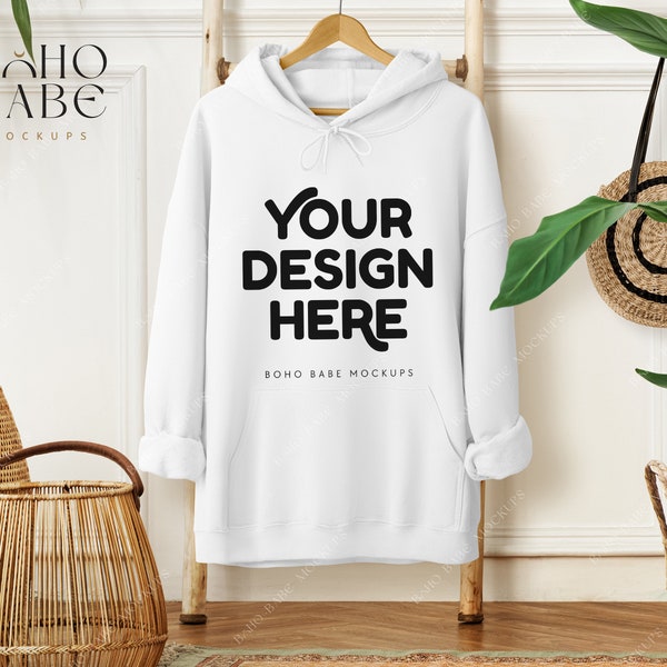 Gildan 18500 White Hoodie Mockup | Hanging White Gildan Hoodie Mockup, Boho Hoodie Mock, White Hanging Hoodie Mockup, White Hoodie Flat Lay