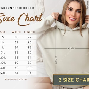 Tabla de tallas Gildan 18500 / 3 Tablas de tallas en pulgadas + centímetros, Tabla de tallas en CM, Tallas métricas, Sudadera con capucha colgante unisex Medidas POD