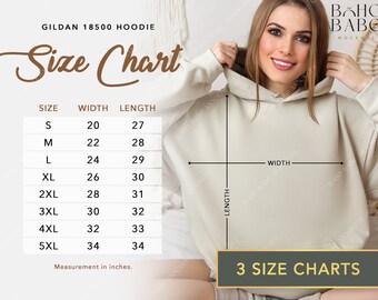 May include: Size chart for Gildan 18500 hoodies, showing width and length measurements in inches for sizes S through 5XL.