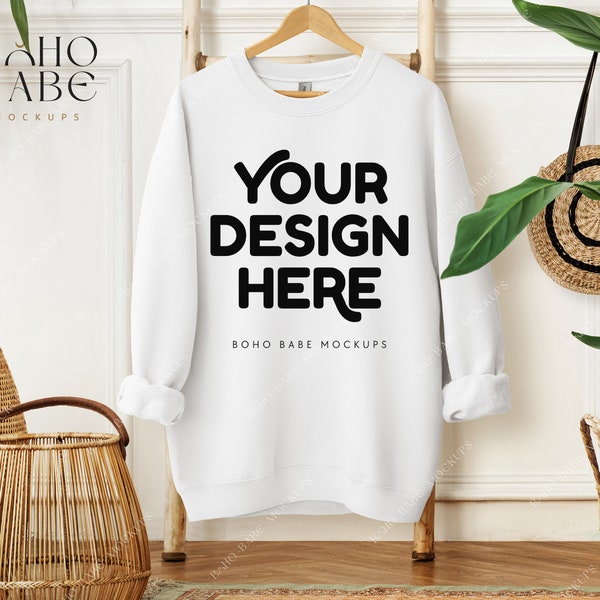 Gildan 18000 White Sweatshirt Mockup | Hanging Gildan Sweater Mock-up, Boho Styled Sweatshirt Mockups, Crewneck on Hanger, Pullover Mock ups