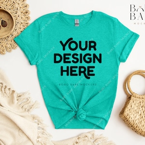 HEATHER SEAFOAM Gildan 64000 Mockup, Gildan Softstyle Tshirt Mockup, Boho Flat Lay Tshirt Mockup, Gildan Soft Style Shirt Flatlay