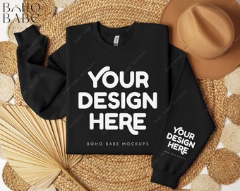 BLACK Gildan 18000 Sleeve Sweatshirt Mockup | Left Cuff Print Mockup, Pocket Design Mock, Folded Crewneck Sweater Photo, POD Boho Flat Lay