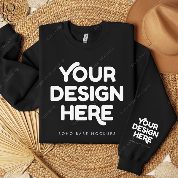 BLACK Gildan 18000 Sleeve Sweatshirt Mockup | Left Cuff Print Mockup, Pocket Design Mock, Folded Crewneck Sweater Photo, POD Boho Flat Lay