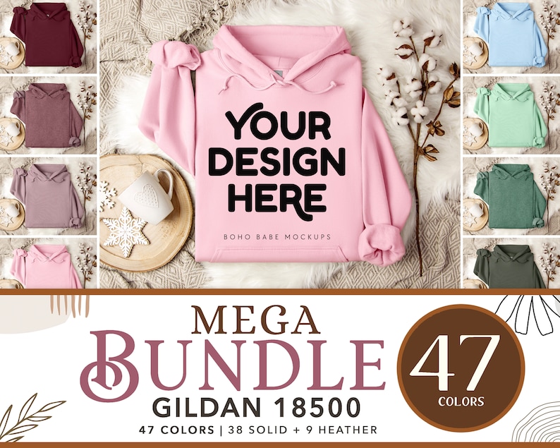 Puede incluir: Una maqueta de una sudadera con capucha rosa con el texto "YOUR DESIGN HERE" y "BOHO BABE MOCKUPS" impreso en la parte delantera. La sudadera est&aacute; colocada sobre una superficie de piel sint&eacute;tica blanca. La imagen forma parte de un conjunto m&aacute;s amplio de 47 opciones de color para sudaderas con capucha Gildan 18500.