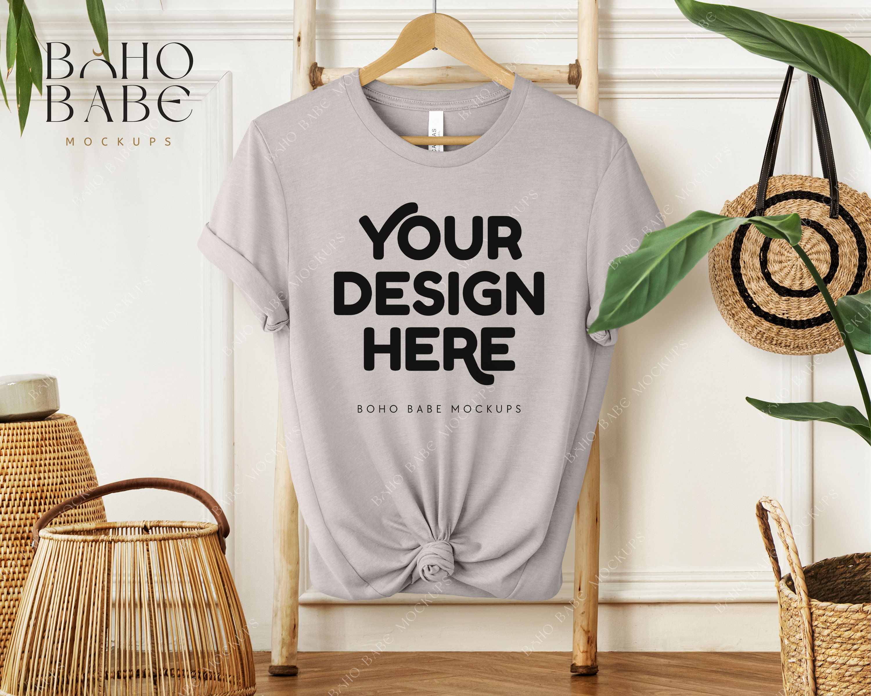 HEATHER COOL GREY Bella Canvas 3001 Mockup, 3001 cvc Heather Cool Grey Mock-up, Boho Hanging Tshirt Mockup, Bella and Canvas Flatlay
