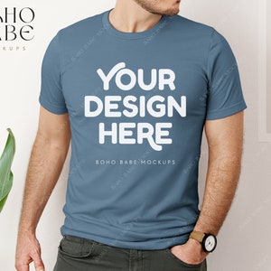 STEEL BLUE Bella Canvas 3001 Model Mockup | Tshirt Male Model, Man Mock, POD Real Lifestyle Photo, Simple Boho Mockups, Tee Digital Template