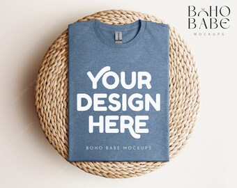 Gildan 64000 Mockup HEATHER INDIGO BLUE | Gildan Softstyle T-shirt Mock up, Boho Folded Shirt Flat Lay, Real Photography Mockup PoD Template