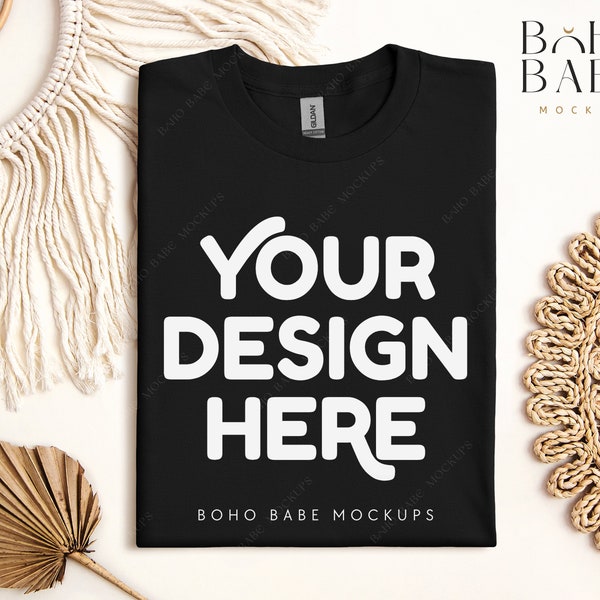 BLACK Gildan 5000 Mockup, Gildan 5000 Folded Tshirt Mock ups, Boho Flat Lay shirt Mockup, Gildan Heavy Cotton Folded Shirt Flatlay