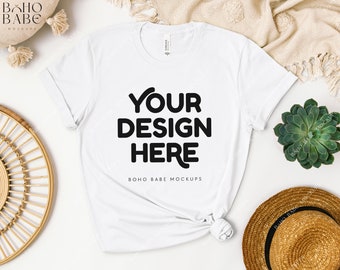 Weiße Bella Canvas 3001 Mockup | Weißes T-Shirt Foto, Boho Flat Lay Tshirt Mock-up, weiße Bella und Canvas Flatlay, POD Tee Mock
