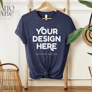 HEATHER NAVY Bella Canvas 3001 Mockup, 3001 cvc Heather Navy Blue Mock-up, Boho Hanging Tshirt Mockup, Bella and Canvas Flatlay