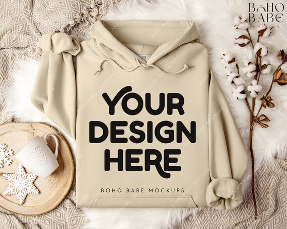 SAND Gildan 18500 Mockup | Gildan Hoodie Flat Lay, G18500 Folded Hoodie Mockup, Boho Christmas Mock, POD Digital Template, Real Photo