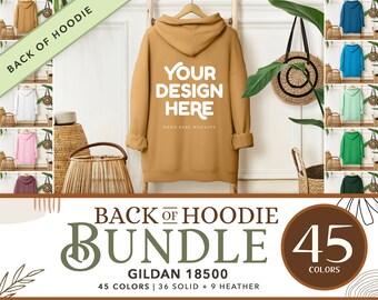 Gildan 18500 バックモックアップバンドル | Gildan 18500 パーカー背面モックアップバンドル、吊り下げパーカー背面サイドモックアップ、ボヘミアンパーカーモックアップ、POD