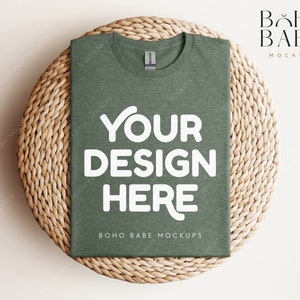 Gildan 64000 Mockup HEATHER MILITARY GREEN | Gildan Softstyle T-shirt Mock up, Boho Folded Shirt Flat Lay Real Photography Mock PoD Template