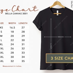 Tabla de tallas Bella Canvas 3001 / 3 Camiseta unisex Tablas de tallas Pulgadas y centímetros, Camiseta colgante Tabla de tallas Tallas métricas Medidas POD