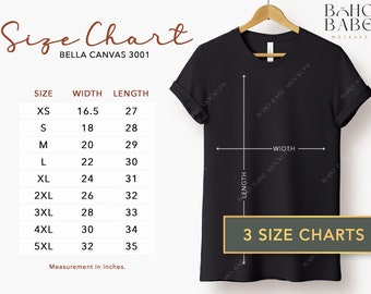 Size Chart Bella Canvas 3001 | 3 Unisex T-shirt Size Charts Inches and Centimeters, Hanging Shirt Size Chart Metric Sizing Measurements POD