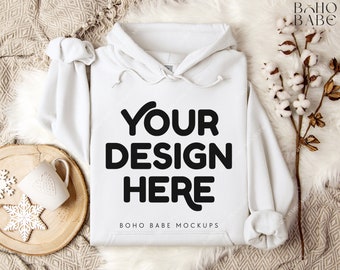 BLANCO Gildan 18500 Maqueta / Gildan Sudadera con capucha Flat Lay, Maqueta de sudadera con capucha plegada G18500, Mock de Navidad Boho, Plantilla digital POD, Foto real