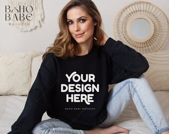 Gildan 18000 Black Sweatshirt | Gildan Crewneck Mockup | Model Mockup | Boho Sweater Mockup | Oversized Crewneck Mockup | Black Gildan Mock