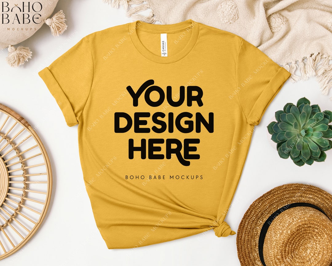 HEATHER MUSTARD Bella Canvas 3001 Mockup, 3001cvc Boho Flat Lay Side ...