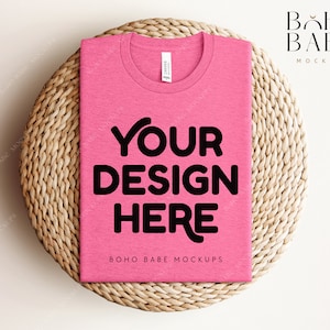 HEATHER CHARITY PINK Bella Canvas 3001 cvc Folded Mockup, Boho Flat Lay Tshirt Mock-up, Bella Canvas Folded Flatlay Mockup, Pod shirt Mockup
