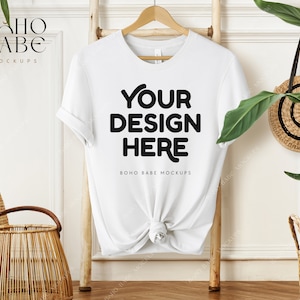 3001 WEISS Mockup | Bella Canvas 3001 Mockup, weißes T-Shirt Foto, Boho hängendes Tshirt Mock-up, weiße Bella und Canvas Flatlay, POD Tee Mock