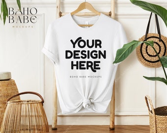 3001 WHITE Mockup | Bella Canvas 3001 Mockup, White T-shirt Photo, Boho Hanging Tshirt Mock-up, White Bella and Canvas Flatlay, POD Tee Mock