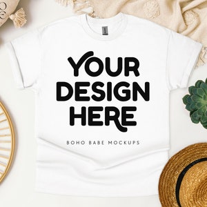 Gildan 5000 WHITE Mockup, Gildan 5000 Flat Lay Tshirt Mock ups, Boho Flat Lay Shirt Mock, Gildan Heavy Cotton Unisex Tee Flatlay