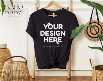 3001 BLACK Mockup, Bella Canvas 3001 Mockup, Boho Hängendes Tshirt Mock-up, Bella und Canvas Shirt Knot Flatlay, POD Tee Sublimation