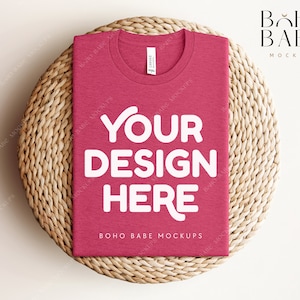 HEATHER RASPBERRY Bella Canvas 3001 cvc Folded Mockup, Boho Flat Lay Tshirt Mock-up, Bella Canvas Folded Flatlay Mockup, Pod shirt Mockup