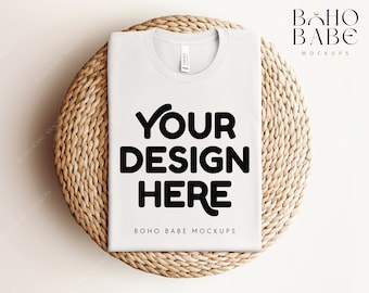 VINTAGE WHITE Bella Canvas 3001 gefaltetes Mockup, Boho Flat Lay Tshirt Mock-up, Bella und Canvas gefaltetes T-Shirt Flatlay Mockup, POD T-Shirt Foto