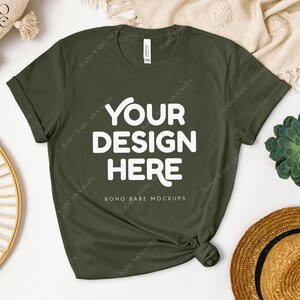 3001 MILITARY GREEN Mockup, Bella Canvas 3001 Mockup, Boho Flat Lay Tshirt Mock-up, Bella and Canvas Shirt Knot Flatlay, POD Tee Sublimation