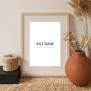 Minimalist A3 Poster “Sat Nam” – Mantra Wall Decoration for Meditation, Yoga & Mindfulness – Black Typography on White Background