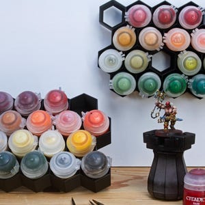 Hex Wall Paint Storage for Games Workshop Citadel Paints and other 32mm pots - Desktop and walls