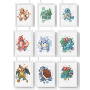 May include: Set of 8 watercolour-style prints featuring different Pokemon characters. Each print is framed in a white frame and features a different Pokemon character against a white background with colourful watercolour splatters.