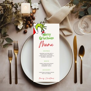 Edytowalne menu na imprezę świąteczną, edytowalne menu na imprezę, szablon menu do wydruku, menu stołu, cyfrowe pobieranie. menu na imprezę w stylu Grincha. G1