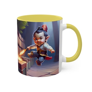 Tiny Kung Fu Gnome With Flaming Sword - Colorful Mugs, 11oz
