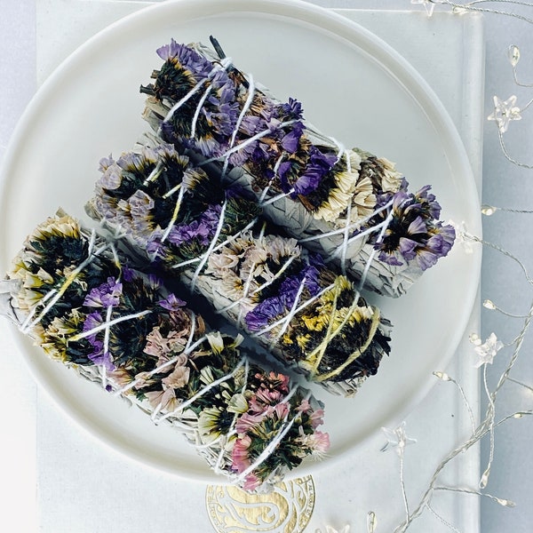 White sage smudge stick with flowers ~ Cleanse your aura, home and crystals. Smoke cleansing ritual, Ethically Grown & Sourced USA