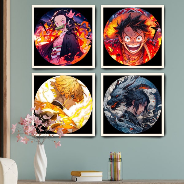 Anime Set of 4 Framed Poster Mix Anime Painting Wall Frame, (11x11 Inch) Wall Art Laminated Poster With Black Frames
