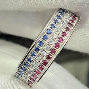 Sterling Silver American Flag Ring: Sapphire, Ruby & White Topaz Eternity Band