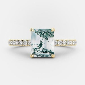 Octagon Moss Agate Ring: Sterling Silver, Moissanite Wedding Band