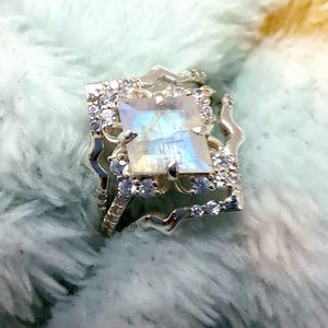AAA Moonstone Kite Ring: Sterling Silver, Moissanite Accents