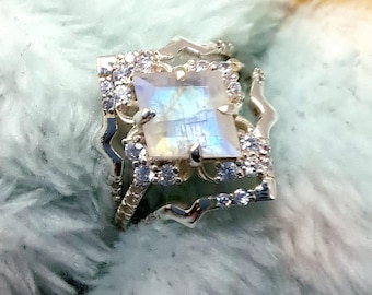 AAA Moonstone Kite Ring: Sterling Silver Moissanite Accents birthday gift Diamond ring 3 ring set 5 star review ring Christmas sale