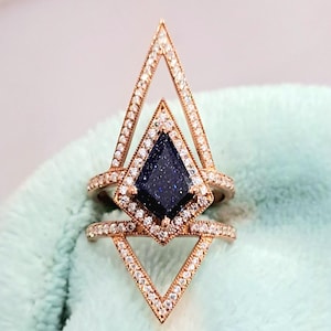 Kite Cut Blue Sandstone Ring: Sterling Silver, Moissanite Accents