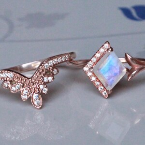 Rainbow Moonstone Kite Ring Set: Sterling Silver Art Deco Engagement Rings