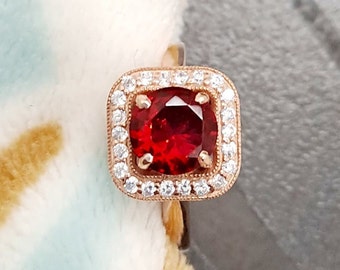 AAA Ruby Ring: Round Stone, Sterling Silver Moissanite Halo
