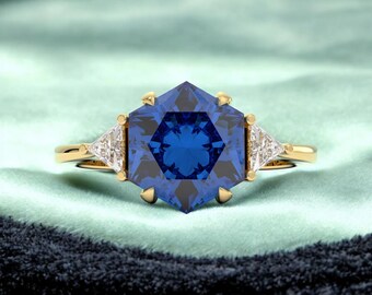 London Blue Topaz Hexagon Ring: Sterling Silver Moissanite Engagement Ring