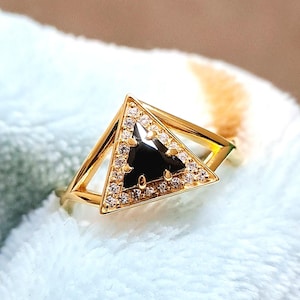 Black Onyx Trillion Ring: Sterling Silver Art Deco Engagement Ring