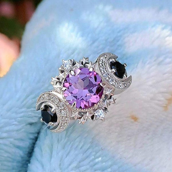 Alexandrite Color Change Ring: 925 Sterling Silver, Moon & Star Engagement Ring