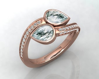 Pear Moss Agate Ring: Sterling Silver Moissanite Engagement Ring
