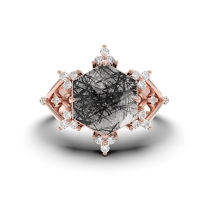 Black Rutile Quartz Hexagon Ring: Sterling Silver Moissanite Accent